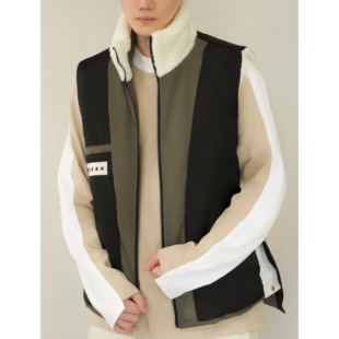 YOWSAH 中性23秋冬里外两穿羊羔绒拼接可翻领保暖棉背心 军绿色