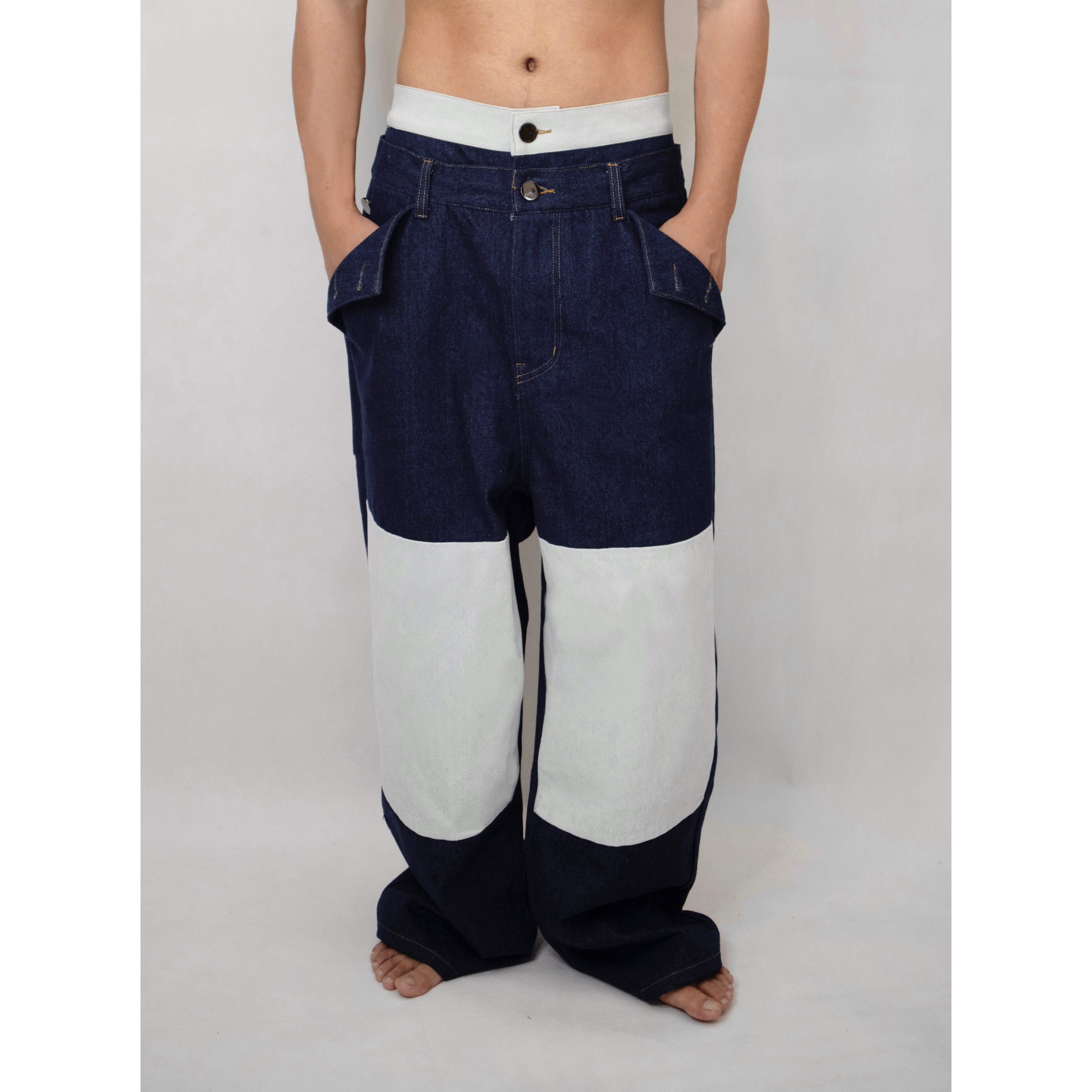 YOWSAH 撞色前片双腰头阔腿直筒丹宁牛仔长裤