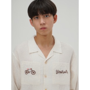 wave系列 衬衫 YOWSAH 法国麻胸袋单车刺绣古巴领米黄色格纹长袖