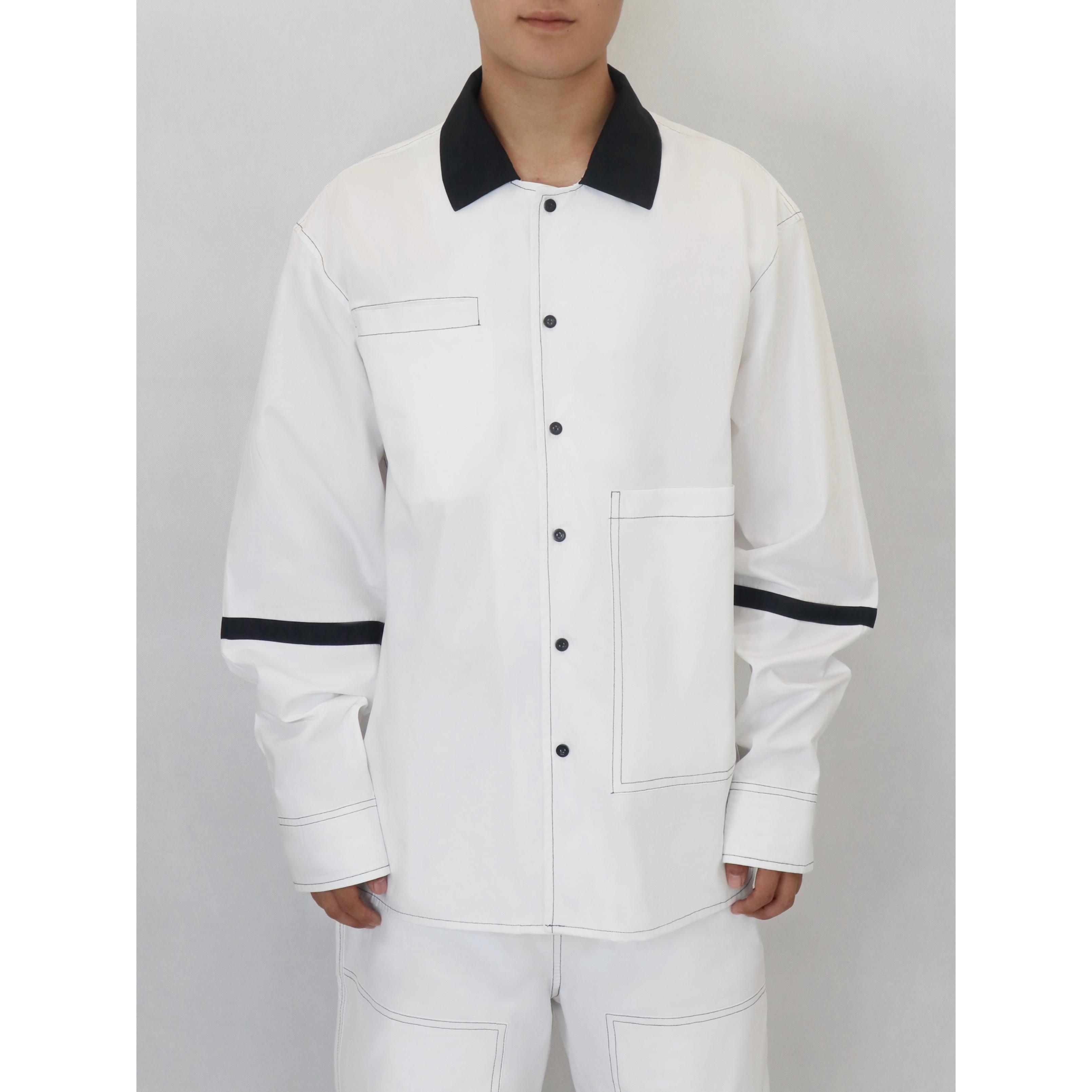 YOWSAH 纯棉 黑色明线胸口大贴袋白色长袖衬衫 白色衬衣