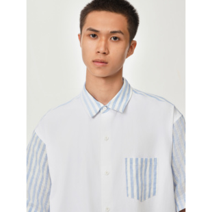 wave系列 衬衫 YOWSAH 亚麻前后片撞色拼接蓝色条纹古巴领短袖