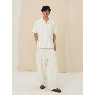 YOWSAH 高支棉洗水手工起毛提花古巴领短袖宽松衬衣 白色