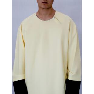 YOWSAH 高支高密纯棉黑色拼接袖口圆领黄色衬衫 淡黄色衬衣