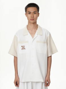 wave系列 男女同款 YOWSAH 撞色拼接带籽壳棉麻刺绣胸袋古巴领短袖