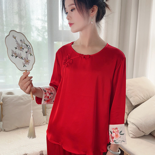 苏州刺绣睡衣女夏秋新中式仿真丝绸宽松家居服国风娘娘寝衣送妈妈