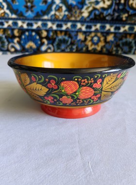 俄罗斯黑边口漆器大汤碗碗口宽19厘米高8.5厘米