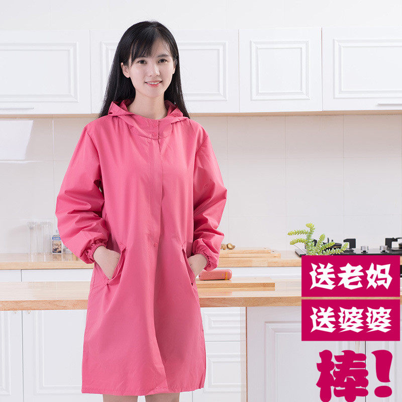 韩版时尚拉链风衣式成人罩衣女士长袖防水防油厨房围裙带帽工作服