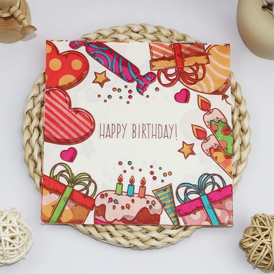 萌派熊生日快乐印花餐巾纸节日装饰专用彩色方巾纸派对面巾纸