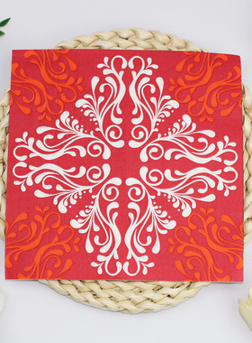 红色印花餐巾纸复古花纹装饰纸巾家用餐厅用纸一次性木浆面巾纸