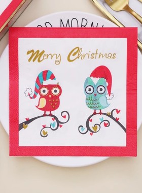 圣诞猫头鹰彩色印花餐巾纸红色圣诞派对装饰纸巾圣诞节一次性餐垫