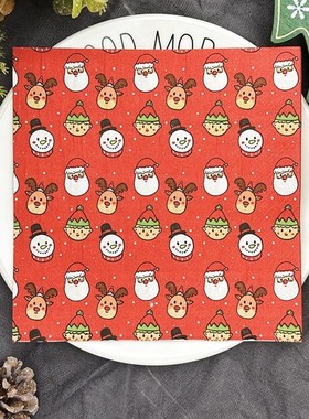 红色圣诞元素印花餐巾纸方巾圣诞节派对布置装饰彩色木浆纸巾20张