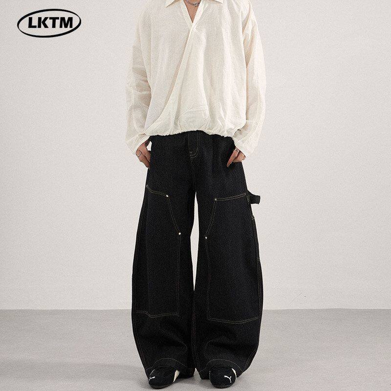 宽松伐木设计感弯刀 牛仔裤男装LKTM黑色工装裤原牛复古男女双膝