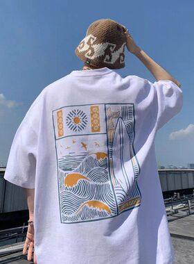 后背印花男男纯棉T恤夏季220gT恤紧密圆领赛络五分袖日系五分袖新