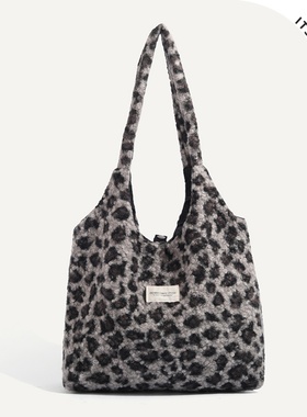 ITSOUMEI复古豹纹背心包女秋冬天百搭大容量毛绒托特包腋下单肩包