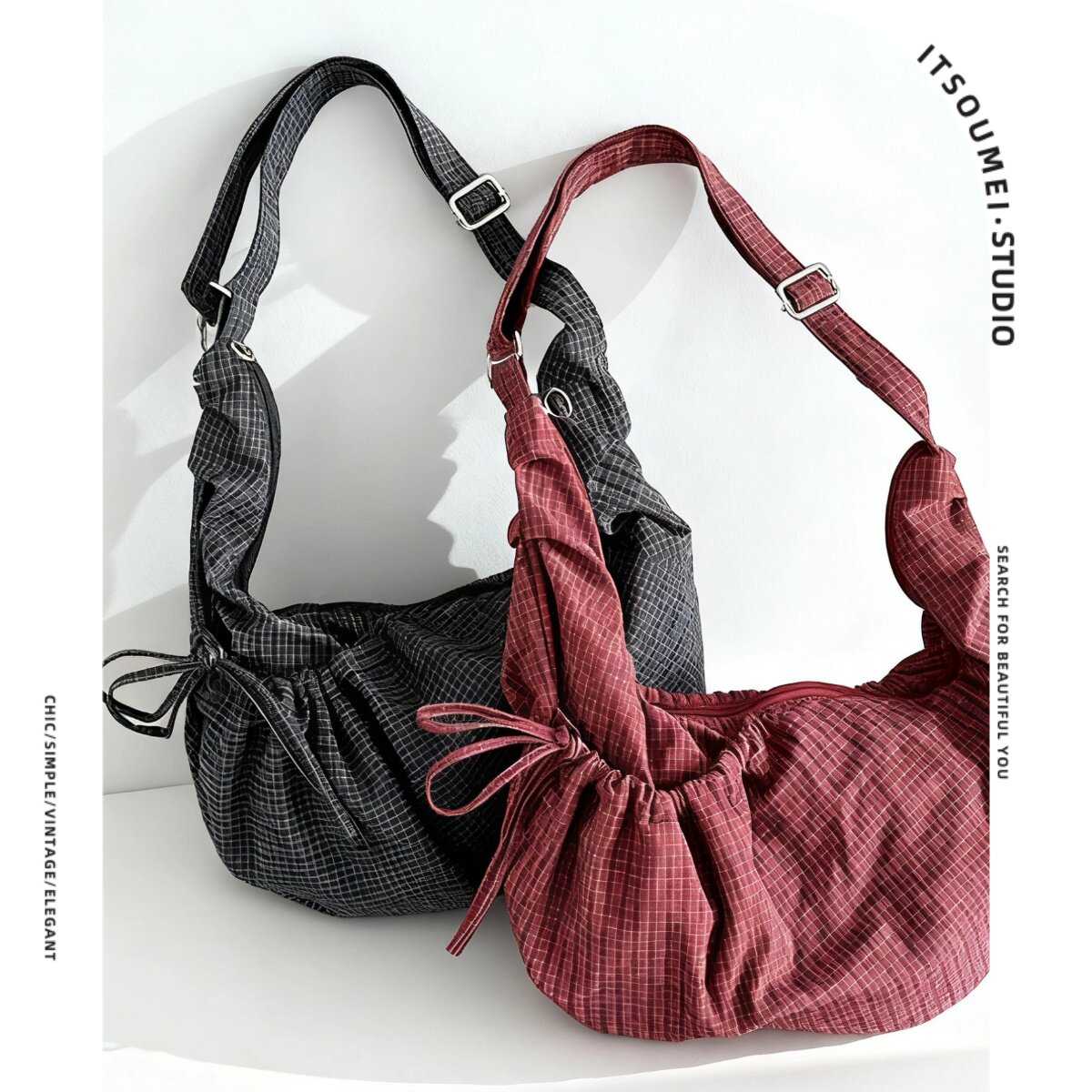 慵懒风格子褶皱饺子包女