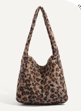 ITSOUMEI复古豹纹单肩包冬季新款高级感通勤大容量毛绒托特包包女