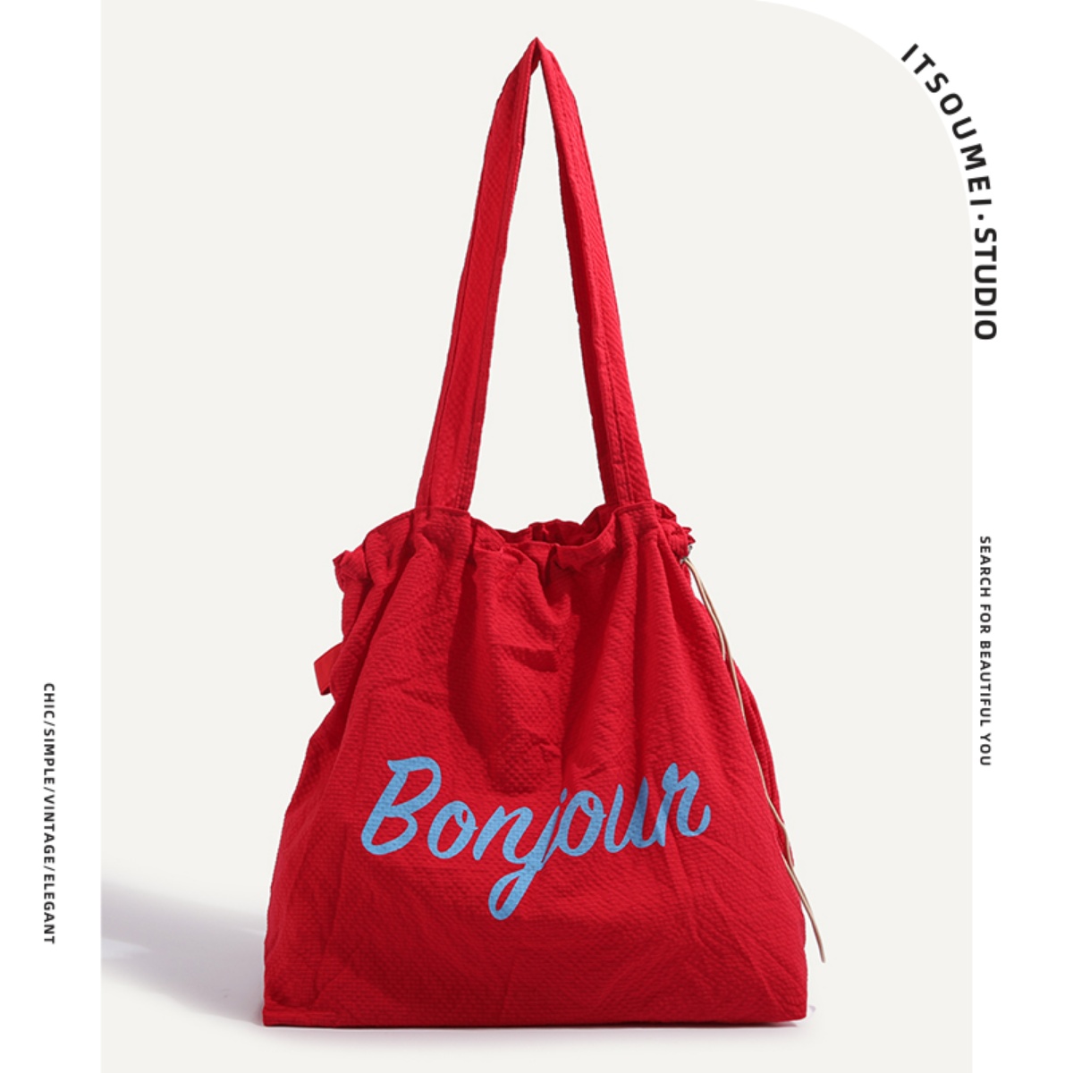 ITSOUMEI字母印花松弛感单肩女2025新款学生大容量帆布抽绳托特包