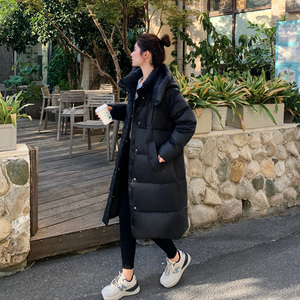 中长款连帽羽绒服女2024年冬季新款加厚保暖面包服过膝白鸭绒外套