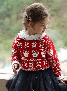 【亏本清仓】女童毛衣蕾丝领纯棉双层套头针织衫圣诞款打底衫童装