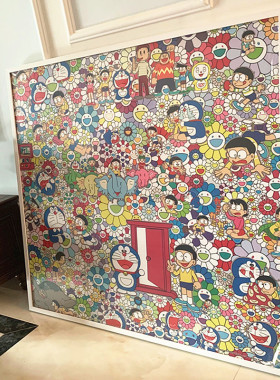 白色太阳花画布画框定做装裱实木机器猫哆啦布艺裱框丝巾画