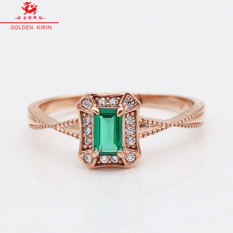 俄罗斯585紫金14k玫瑰金简约时尚镶嵌锆石长方形绿宝石戒指送妈妈