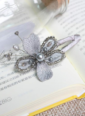 Christ克丽斯汀古韵花朵仿珍珠流苏边夹刘海夹布艺一字夹侧夹发夹