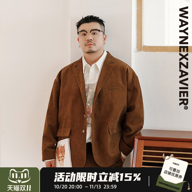 韦恩泽维尔大码纯棉灯芯绒西服男装宽松三排扣休闲长袖西装8951