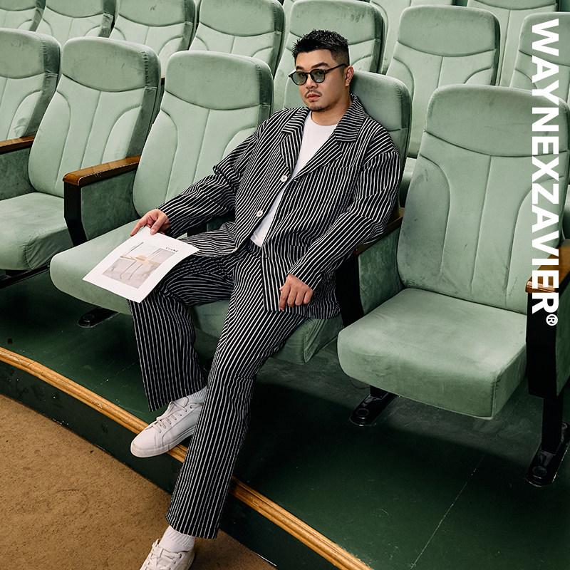 韦恩泽维尔加肥加大宽松大码男春翻驳领休闲条纹显瘦西服外套9280