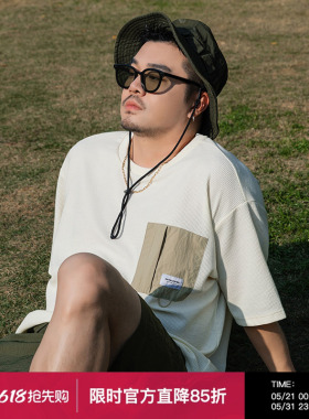韦恩泽维尔加大加肥男夏大码宽松圆领华夫格肌理撞色口袋T恤9055