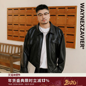 韦恩泽维尔加肥加大潮日系复古大码 宽松翻领PU皮衣夹克外套男8929