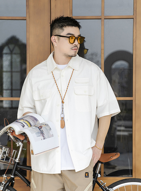 韦恩泽维尔大码男装加肥加大轻薄纯棉日系休闲白色短袖衬衫8754