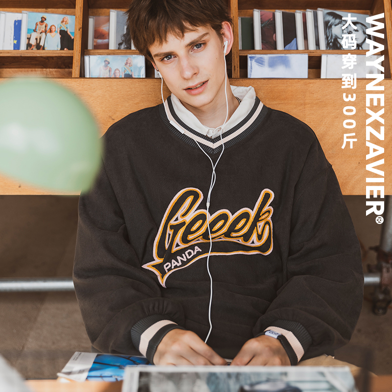 韦恩泽维尔秋季套头V领刺绣卫衣