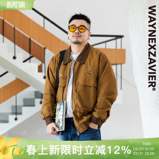 韦恩泽维尔大码美式复古飞行员夹克男春秋季宽松翻领工装外套8576