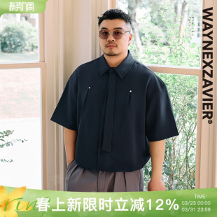 衬衫 饰领带短袖 9421 男翻领显瘦遮胸装 韦恩泽维尔加肥加大宽松大码