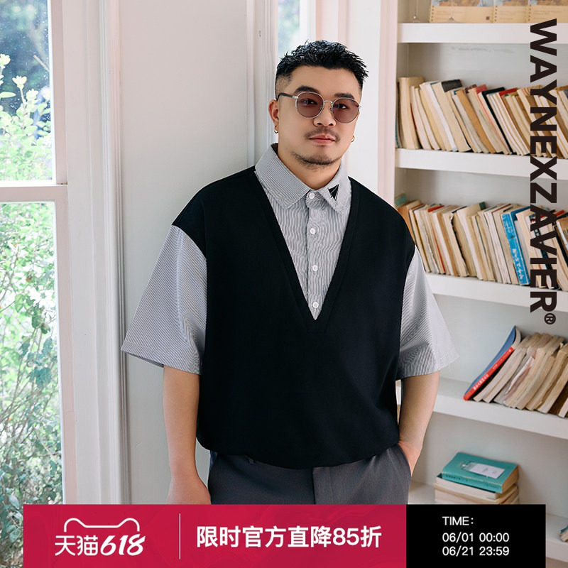 韦恩泽维尔宽松大码男夏翻领假两件条纹短袖刺绣休闲棉涤衬衫9437