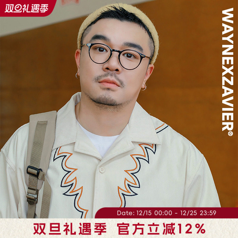 韦恩泽维尔翻领长袖休闲绣花衬衫