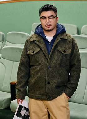 韦恩泽维尔加肥加大宽松大码男冬连帽翻领假两件毛呢夹克外套9264