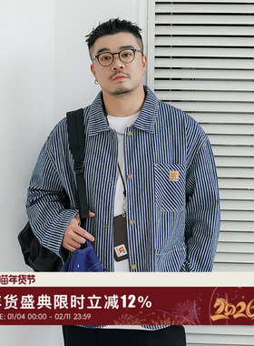 韦恩泽维尔大码条纹牛仔衬衫外套男秋季宽松citywalk显瘦夹克8893