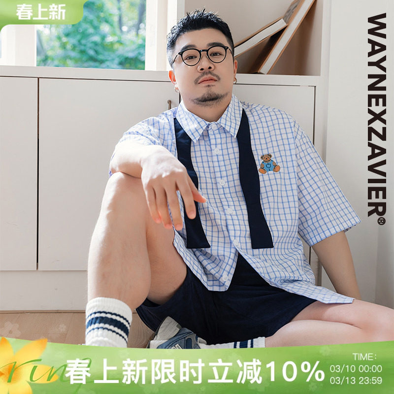 韦恩泽维尔加肥加大宽松大码男夏假领带卡通绣花格子短袖衬衫9173