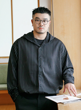 韦恩泽维尔潮牌大码男装加肥加大宽松休闲条纹连帽衬衫男长袖8744