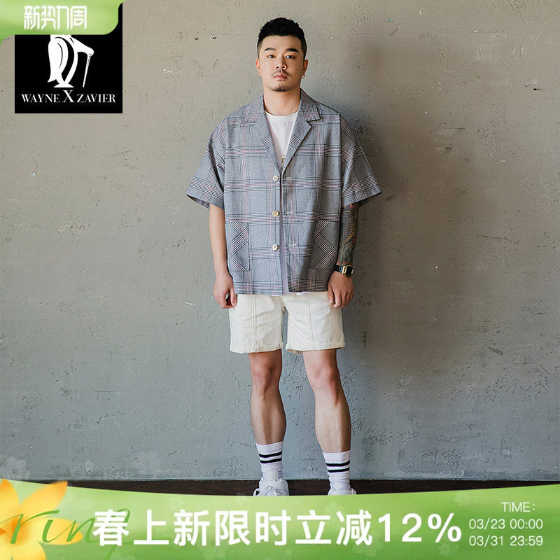 韦恩泽维尔大码千鸟格短袖西装外套男宽松商务休闲格纹西服6268