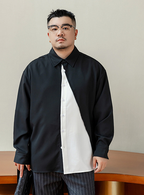 韦恩泽维尔加肥加大宽松大码男秋冬翻领撞色拼接时尚长袖衬衫9241