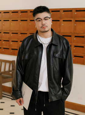 韦恩泽维尔加肥加大潮日系复古大码宽松翻领PU皮衣夹克外套男8929