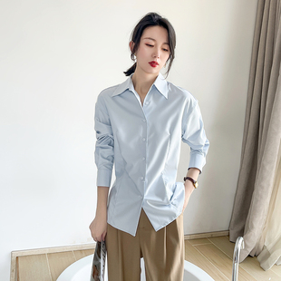 春季蓝色衬衫女抗皱公考面试西装内搭长袖polo领职业装纯色衬衣