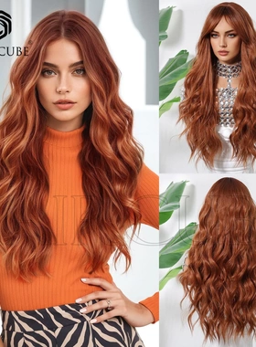 外贸假发橙色中分大波浪卷发八字刘海节日款自然舒适日常工厂
