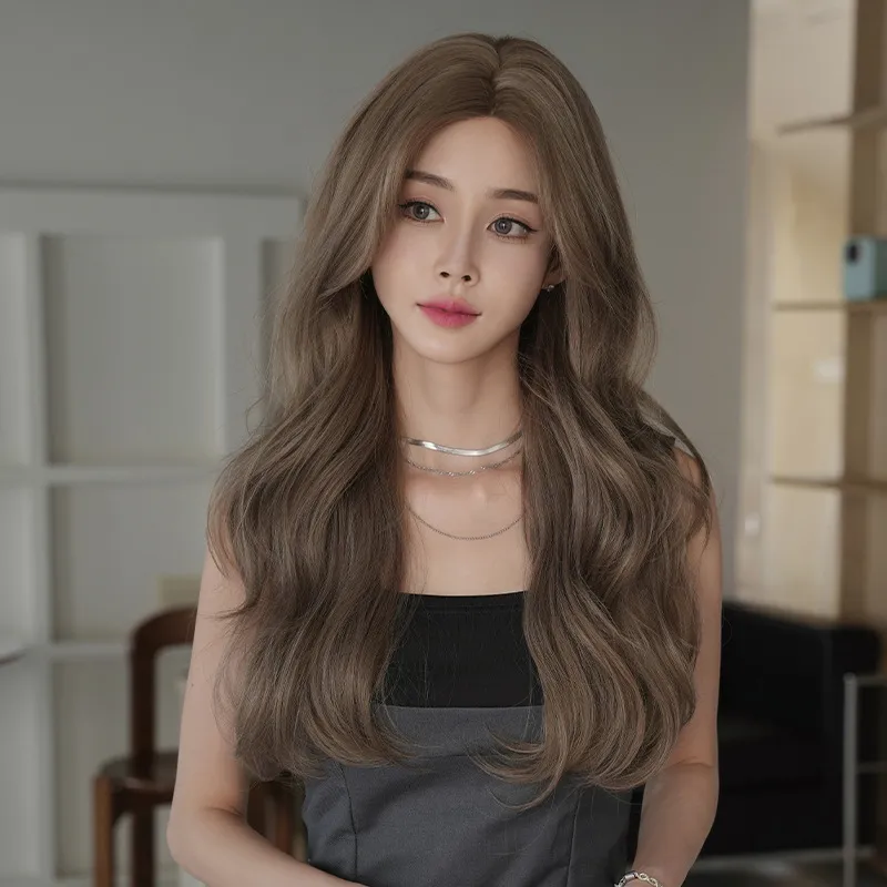 2024新品跨境假发女长卷发中分一字蕾丝整顶头套化纤仿真大波浪发