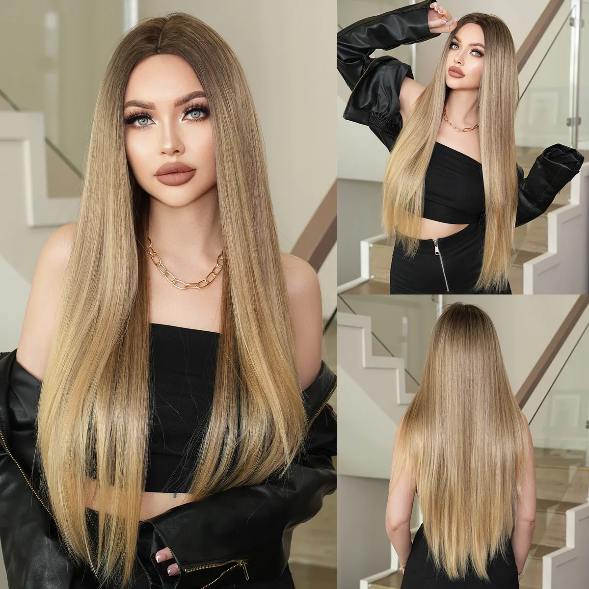 Blonde Wig欧美假发女超长中分直发全头套北欧自然金渐变化纤假发