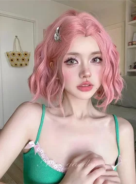 假发女短发中分粉色lolita卷发原宿甜妹网红全头套水波纹cos假发