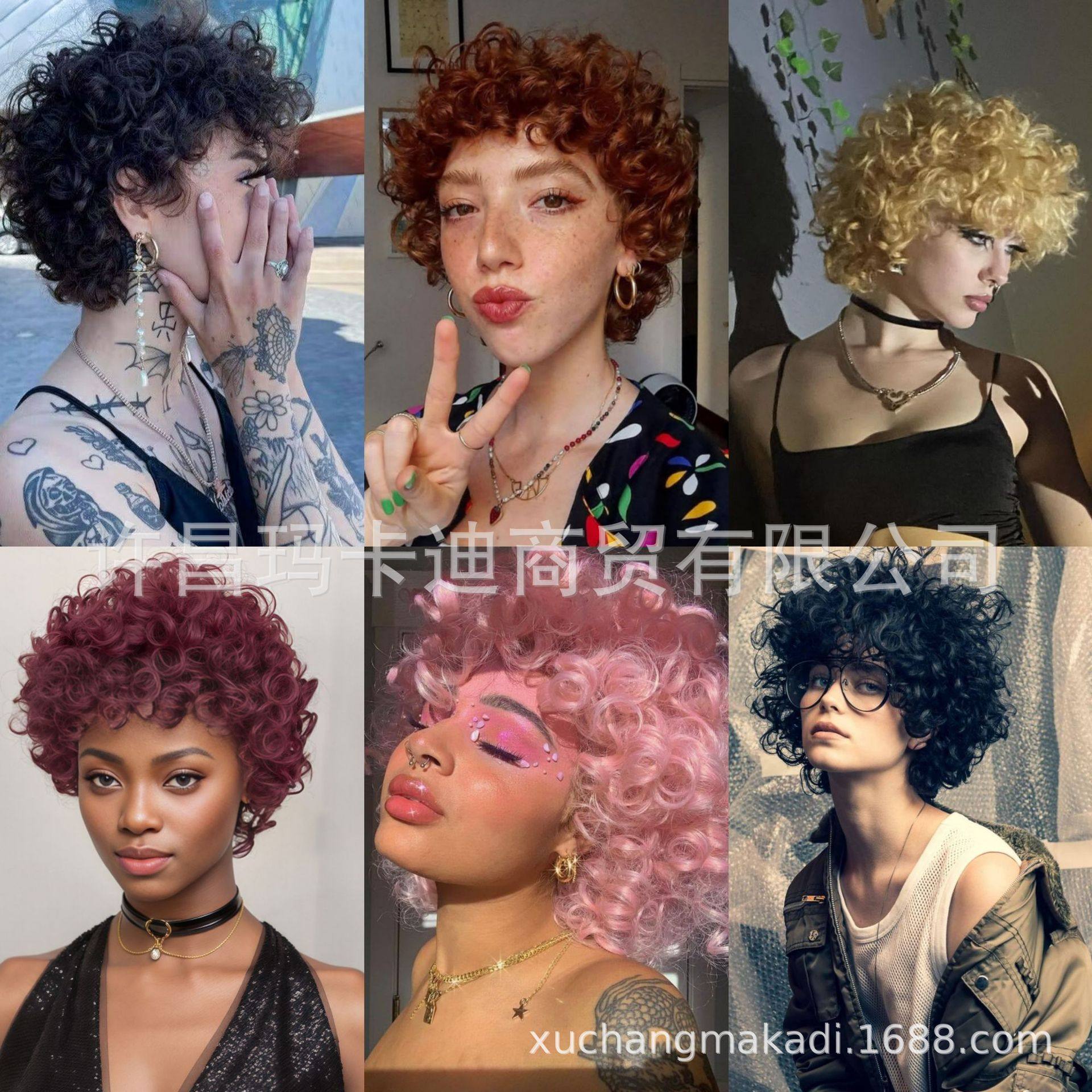 粉色假发女 芭比粉假发 粉色羊毛卷短发 网红爆款短卷发 现货批发