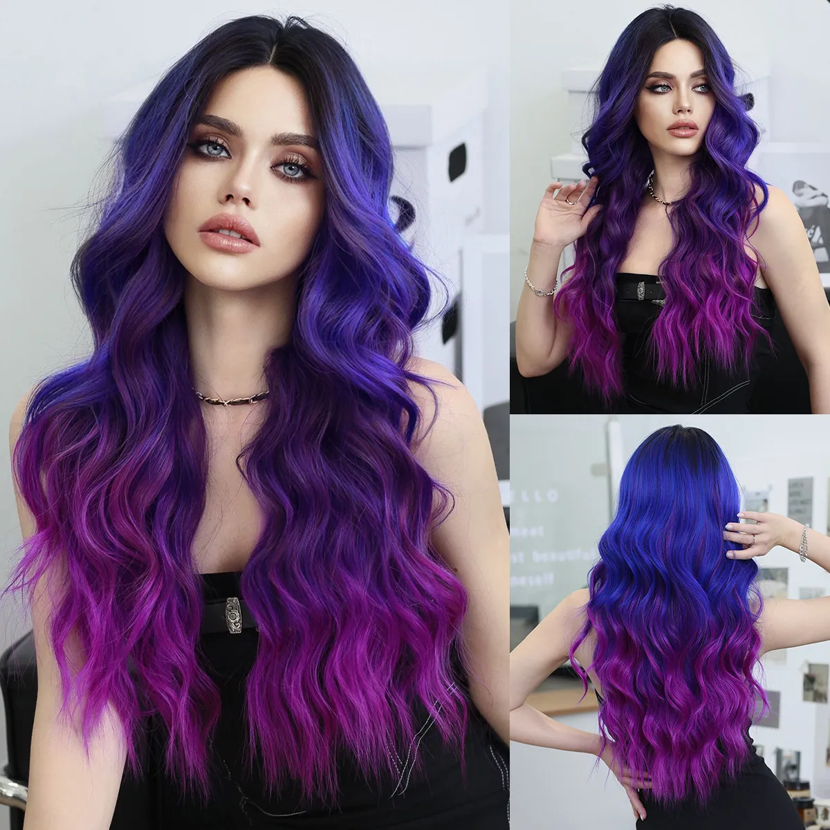 小额蕾丝假发梦幻紫蓝渐变中分波浪卷发化纤全头套Small Lace Wig